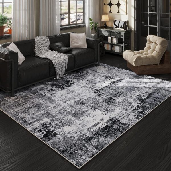 Area Rug 5x7 Washable Rug Boho Soft Abstract Pattern Non-Slip Faux Wool Vintage Rug for Living Room, Bedroom Rug, Farmhouse, Dining Room, Kids Playroom, Grey and Black