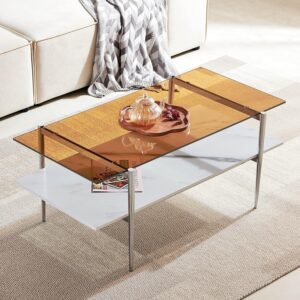 AGV 202206 Tadio Glass Coffee Table, Double Layer Glass Coffee Table for Living Space, Gold Finish Frmae, Ultra-Clear Glass & Walnut Wood Top