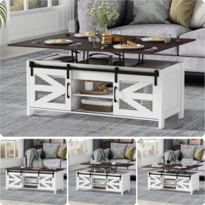 wanan 47.2" Lift Top Coffee Table, 4 in 1 Farmhouse Coffee Table with Sliding Barn Doors, Coffee Tables for Living Room, Dining Room (Grey)