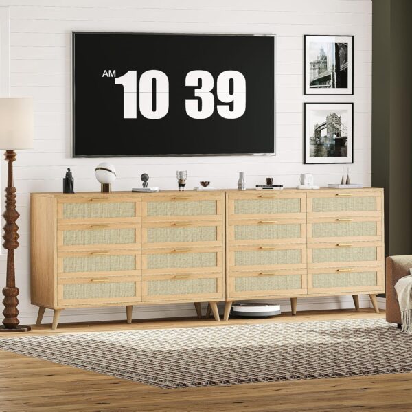 Rovaurx 8 Drawer Double Dresser for Bedroom, Rattan Chest of Dressers, Modern Wooden Dresser Chest with Golden Handles, Beside Table for Closet, Living Room and Entryway, Natural RDG003M - Image 6