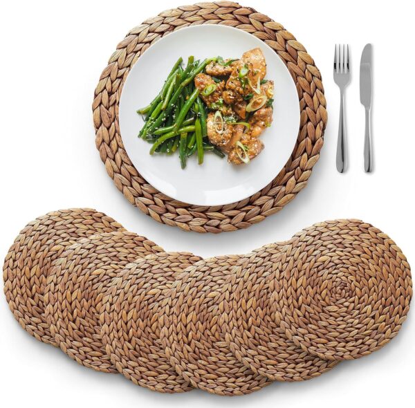 BLUEWEST Woven Placemats, (Sizes:11.8"-13.5''-15") Round Placemats Rattan Placemats, Wicker Water Hyacinth Placemats, Braided Placemats Set, Heat Resistant/Anti-Slip for Dinner Plate (11.8'', Set 6)
