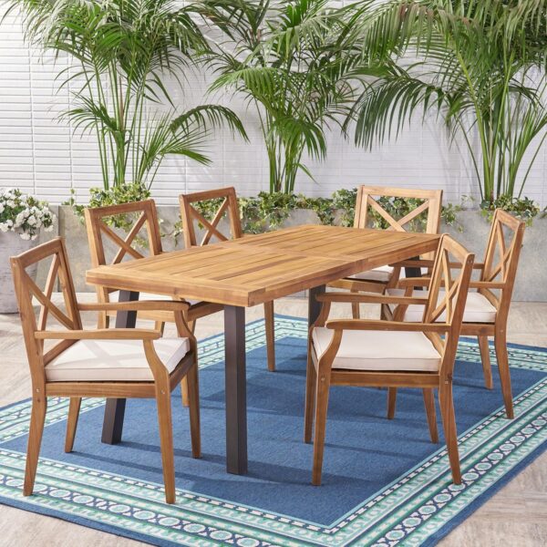 Christopher Knight Home Justin Outdoor 7 Piece Acacia Wood Dining Set, Teak Finish/Rustic Metal/Crème - Image 3