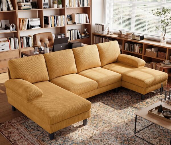 LINSY HOME U Sectional Couch, 111'' W Corduroy Sofa with Sleepable Armrests, 4 Seat Couch with Double Chaises, Deep Sofa for Living Room, Yellow