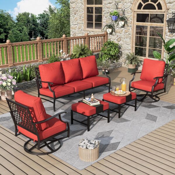 Patio Furniture Set 5 pcs, Outdoor Patio Furniture, 3-Seat Sofa, 2 Swivel Chairs, 2 Ottomans and 5.75" Extra Thick Cushion, Patio Conversation Set for Garden Backyard Deck,Red