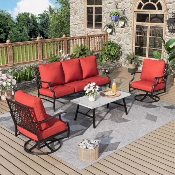 Patio Furniture Set 4 pcs, Metal Outdoor Patio Furniture, 3-Seat Sofa, 2 Swivel Chairs, Coffee Table and 5.75" Extra Thick Cushions, Conversation Set for Backyard Deck, Red
