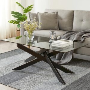 Rectangle Modern Coffee Table, Gray Tempered Glass Table Top, Black Metal Tubular Legs with Gold Rim 47.3”Lx23.6”Wx18.1”H Black