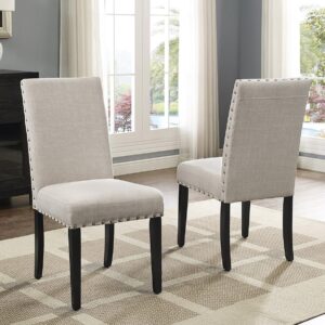 Roundhill Furniture Biony Tan Fabric Dining Chairs with Nailhead Trim, Set of 2, Brown, Tan