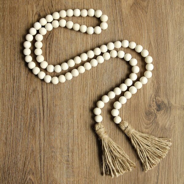 58in Wood Bead Garland with Tassels,Farmhouse Beads Rustic Country Decor Prayer Boho Beads Wall Hanging Decoration (Nature) - Image 3