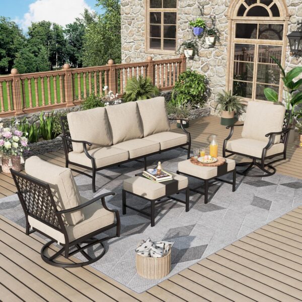 Patio Furniture Set 5 pcs, Outdoor Patio Furniture, 3-Seat Sofa, 2 Swivel Chairs, 2 Ottomans and 5.75" Extra Thick Cushion, Patio Conversation Set for Garden Backyard Deck,Beige