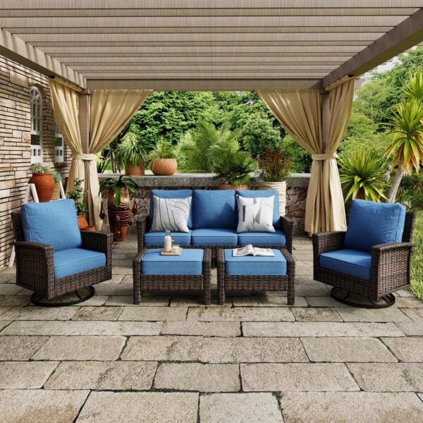 5-Piece Patio Furniture Set, Oversized Outdoor Wicker Sofa with High Back Swivel Chairs and Comfy Ottoman, Sectional Rattan Outdoor Conversation Set for Poolside Backyard Deck, Blue - Image 7