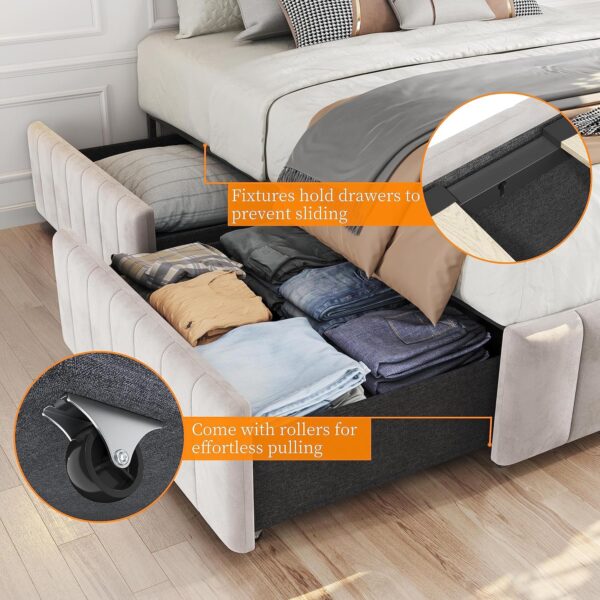 Yaheetech Queen Bed Frame Upholstered Platform Bed with 4 Storage Drawers, Large Storage Space/Strong Wooden Slats/Non-Slip and Noise-Free/No Fixed Headboard/No Box Spring Needed/Beige Queen Bed - Image 4