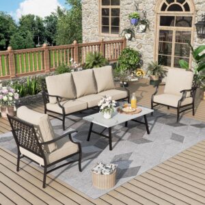 Patio Furniture Set 4 pcs, Metal Outdoor Patio Furniture, 3-Seat Sofa, 2 Single Chairs, Metal Coffee Table and 5.75" Extra Thick Cushion, Patio Conversation Set,Beige