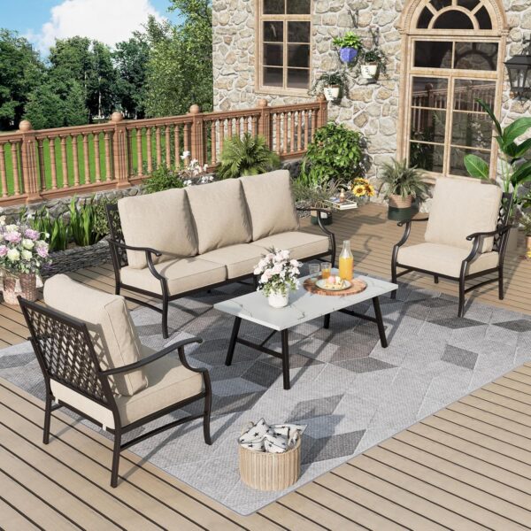 Patio Furniture Set 4 pcs, Metal Outdoor Patio Furniture, 3-Seat Sofa, 2 Single Chairs, Metal Coffee Table and 5.75" Extra Thick Cushion, Patio Conversation Set,Beige