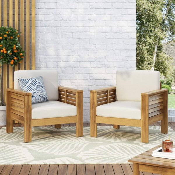 Christopher Knight Home Louver Club Chairs, Teak + Cream - Image 2