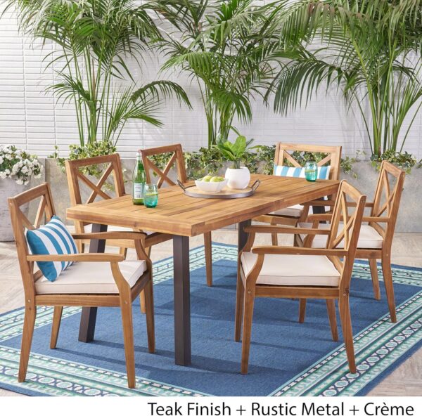 Christopher Knight Home Justin Outdoor 7 Piece Acacia Wood Dining Set, Teak Finish/Rustic Metal/Crème - Image 2