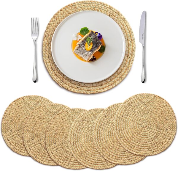 BLUEWEST Woven Placemats, 13" Round Placemats Rattan Placemats, Wicker Water Hyacinth Placemats, Braided Placemats Set, Heat Resistant/Anti-Slip/Durable for Dinner Plate, Dining Table (6, 13 inch)