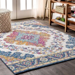 JONATHAN Y BMF106A-8 Bohemian Flair Boho Vintage Medallion Blue/Multi 8 ft. x 10 ft. Area-Rug, Vintage, Easy-Cleaning, for Bedroom, Kitchen, Living Room, Non Shedding