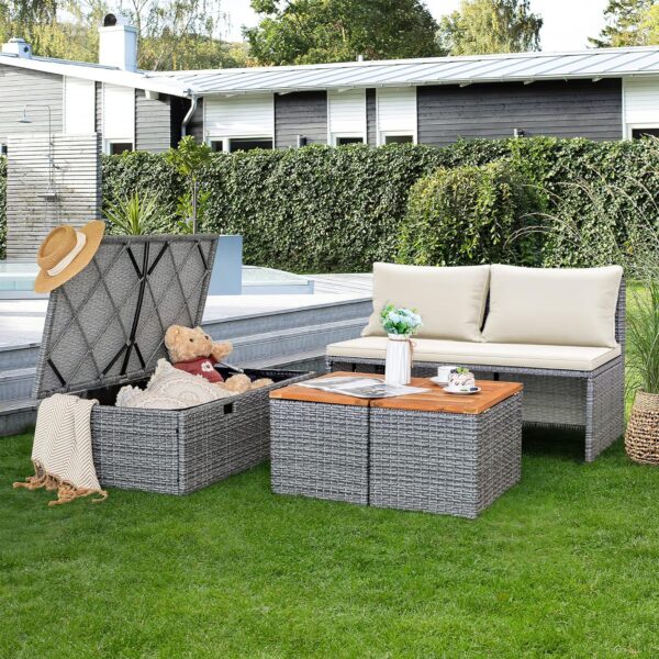 Devoko Outdoor Daybed Set Multifunctional Patio Day Bed Rattan Lounge Bed with 2 Side Tables for Backyard Porch Poolside Lawn Beach (Beige White) - Image 6