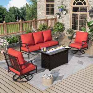 Patio Furniture Set, 4 Pcs Metal Outdoor Conversation Set, 2 Swivel Chairs and 3 Seater Sofa with 5.75" Extra Thick Cushion and Gas Fire Pit Table for Backyard Deck, Red