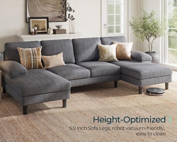 LINSY HOME Convertible Sectional Couch, Corduroy U-Shaped Sofa Couch with Double Chaises and Sleepable Armrests, 4-Seat Deep Sofa Set for Living Room, Dark Grey - Image 3