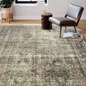 Vintage Area Rug 9x12 Brown Washable Living Room Large Bedroom Rug Indoor Carpet Tribal Distressed Rug Retro Accent Throw Rug for Office Dining Room