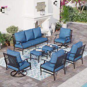 7 Piece Metal Outdoor Patio Furniture Set, Patio Conversation Sets 3-seater Sofa, 2 Fixed Chairs, 2 Swivel Chairs, 2 Ottomans with 5.75" Thick Cushion, Black Backyard Furniture, Blue-2