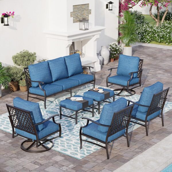 7 Piece Metal Outdoor Patio Furniture Set, Patio Conversation Sets 3-seater Sofa, 2 Fixed Chairs, 2 Swivel Chairs, 2 Ottomans with 5.75" Thick Cushion, Black Backyard Furniture, Blue-2