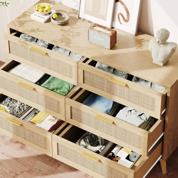 Rovaurx 6 Drawer Double Dresser for Bedroom, Rattan Chest of Dressers, Modern Wooden Dresser Chest with Golden Handles, Beside Table for Closet, Living Room and Entryway, Natural RDG001M - Image 7