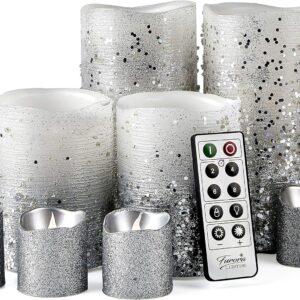 FURORA LIGHTING Silver Glitter LED Candles with Remote and Timer, 4 Pillars and 4 Votives Pack of 8, Real Wax Flameless Flickering Candles for Home Décor, Battery Included