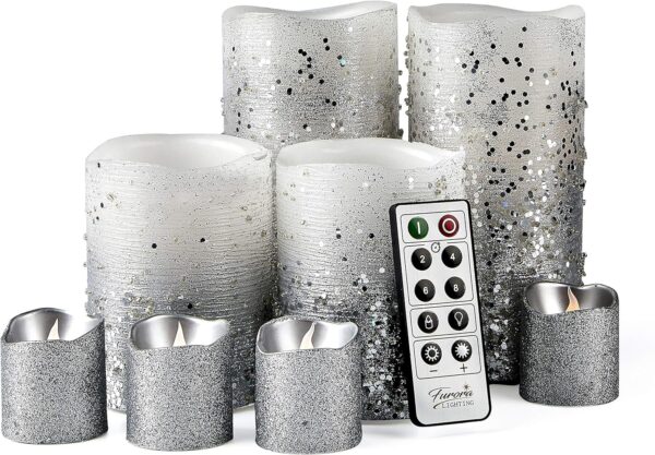 FURORA LIGHTING Silver Glitter LED Candles with Remote and Timer, 4 Pillars and 4 Votives Pack of 8, Real Wax Flameless Flickering Candles for Home Décor, Battery Included