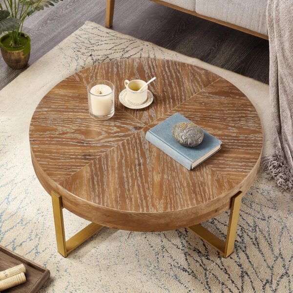 Round Wood Coffee Table for Living Room - Circle Coffee Table with Gold Metal Legs - Rustic Wooden Coffee Table Vintage Coffee Table (Espresso,32.28" D x 32.28" W x 17.72" H) - Image 3