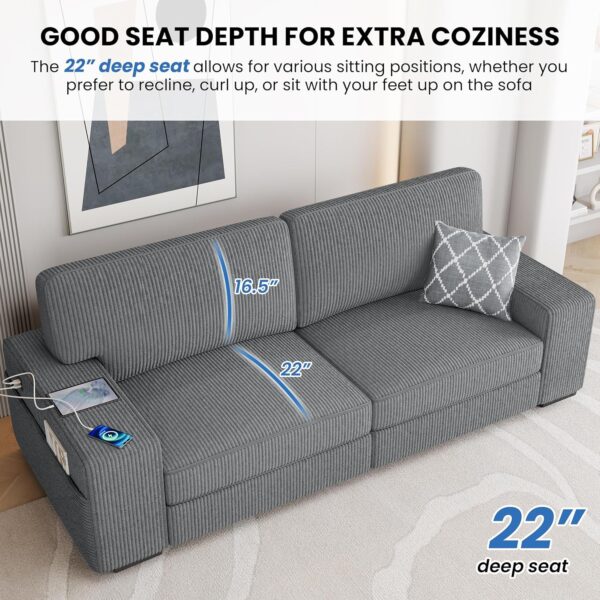 Yaheetech 83.5" W Modern Sofa Couch Corduroy Fabric Sofa with USB Charging Ports & Side Storage Pockets for Living Room Apartment, Dark Gray - Image 4