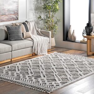 nuLOOM 7x9 Ansley Moroccan Tassel Area Rug, Grey, High-Low Textured Bohemian Design, Plush High Pile, Stain Resistant, For Bedroom, Living Room, Hallway, Entryway