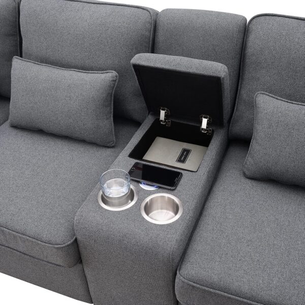 114.2" Upholstered Sofa with Storageable Coffee Table and 2 Cupholders, 2 USB Ports Wired or Wirelessly Charged, Modern Linen Fabric Couches for Living Room, Apartment (4-Seat) - Image 7